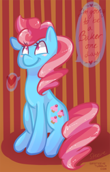 Size: 600x929 | Tagged: safe, artist:steeve, cup cake, earth pony, pony, abstract background, adobe imageready, blushing, female, heart, mare, sitting, smiling, solo, speech bubble, younger