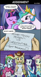 Size: 800x1480 | Tagged: safe, artist:uotapo, applejack, fluttershy, pinkie pie, princess celestia, rainbow dash, rarity, sunset shimmer, twilight sparkle, twilight sparkle (alicorn), equestria girls, equestria girls (movie), bad handwriting, checklist, comic, element of magic, fall formal outfits, handwriting, look of disapproval, meme, ponied up, scene parody, sleeveless, special eyes, strapless
