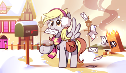 Size: 1024x600 | Tagged: safe, artist:karzahnii, derpy hooves, pegasus, pony, 12 days of christmas, accident, christmas, clothes, crash, crossover, cute, derpabetes, earmuffs, female, fence, fire, lamppost, letter, mail, mailbox, mailmare, mare, mouth hold, scarf, smiling, smoke, snow, snowfall, solo, spread wings, team fortress 2, twelve days of christmas, winter