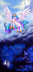 Size: 1288x2808 | Tagged: safe, artist:limreiart, nightmare moon, princess celestia, princess luna, alicorn, pony, canterlot, cloud, cloudy, contrast, day, duo, female, flying, hoof shoes, mare, night, outdoors, photoshop, royal sisters, spread wings, stars, wings