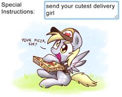 Size: 2560x2048 | Tagged: safe, artist:sugar morning, derpy hooves, pegasus, pony, clothes, cute, daaaaaaaaaaaw, delivery, derpabetes, dialogue, female, food, grass, happy, hat, hnnng, holding, hoof hold, mare, meme, open mouth, pizza, pizza box, pizza time, shirt, simple background, sitting, smiling, solo, spread wings, weapons-grade cute, white background, wings