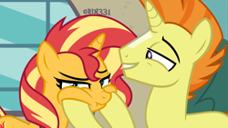 Size: 4000x2250 | Tagged: safe, artist:orin331, edited screencap, sunset shimmer, unicorn, cute, father and child, father and daughter, female, male, parent and child, squishy cheeks, sunspot