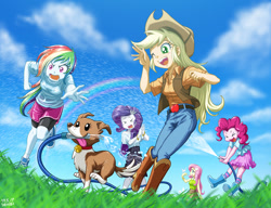 Size: 1040x800 | Tagged: safe, artist:uotapo, applejack, fluttershy, pinkie pie, rainbow dash, rarity, winona, bird, equestria girls, angry, anime, applejack's hat, belt, boots, bra, clothes, cloud, comedy, compression shorts, cowboy boots, cowboy hat, cute, dashabetes, diapinkes, eyes closed, female, funny, garden hose, grass, green eyes, happy, hat, having fun, hose, jackabetes, jeans, mouth hold, one eye closed, open mouth, pants, pink eyes, raribetes, scared, see-through, see-through shirt, shoes, shorts, shorts over shorts, shrunken pupils, shyabetes, skirt, sky, smiling, sneakers, socks, sunny day, tongue out, tongue sticking out, underwear, visible bra, water spray, wet, wet clothes, wet shirt, wink, winonabetes