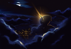 Size: 1680x1152 | Tagged: safe, artist:karzahnii, princess luna, alicorn, pony, city, cloud, cloudy, female, glowing horn, mare, moon, night, scenery, solo, wallpaper