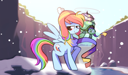 Size: 1024x600 | Tagged: safe, artist:karzahnii, rainbow dash, tank, pegasus, pony, 12 days of christmas, christmas lights, clothes, duo, female, ghastly gorge, hat, mare, pet, scarf, snow, snowfall, twelve days of christmas, winter