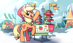 Size: 1024x600 | Tagged: safe, artist:karzahnii, applejack, earth pony, pony, 12 days of christmas, carrot, concession stand, daily deviation, female, food, hat, mare, pie, rearing, santa hat, snow, snowfall, solo, twelve days of christmas