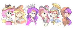 Size: 1500x600 | Tagged: safe, artist:karzahnii, applejack, chancellor puddinghead, clover the clever, commander hurricane, fluttershy, pinkie pie, princess platinum, private pansy, rainbow dash, rarity, smart cookie, twilight sparkle, human, crown, female, founders of equestria, hat, helmet, hood, humanized, jewelry, line-up, mane six, regalia, ruff (clothing), simple background, white background