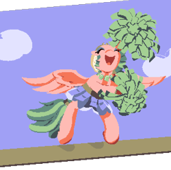Size: 1252x1244 | Tagged: safe, artist:dinexistente, somnambula, pegasus, pony, cheerleader, clothes, cute, day, drawthread, female, flying, mare, pixel art, pleated skirt, pom pom, request, skirt, sky, smiling, solo, somnambetes