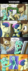 Size: 800x2020 | Tagged: safe, artist:uotapo, bon bon, lyra heartstrings, sweetie drops, pony, equestria girls, adorabon, art, bob ross, bon bon is not amused, canvas, clothes, comic, cute, engrish, eyes closed, female, humie, irrational exuberance, leotard, lyra is amused, lyrabetes, male, mare, one-piece swimsuit, paint, ponified, smiling, speech bubble, stallion, swimsuit, that pony sure does love humans, trio