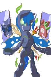 Size: 800x1200 | Tagged: safe, artist:dinexistente, oc, oc:omma, changeling, blue changeling, changeling oc, cleric, fire, green fire, implied transformation, pixel art, shaman, simple background, solo, transparent background