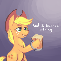 Size: 750x750 | Tagged: safe, artist:karzahnii, applejack, earth pony, pony, the super speedy cider squeezy 6000, applejack's hat, cider, cowboy hat, female, gradient background, hat, hoof hold, i didn't learn anything, mare, solo