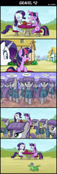 Size: 800x2447 | Tagged: safe, artist:uotapo, gummy, maud pie, rarity, twilight sparkle, twilight sparkle (alicorn), alicorn, pony, unicorn, comic:gravel, too many pinkie pies, clones, comic, eating, female, food, hay burger, hilarious in hindsight, horrified, mare, multeity, open mouth, rock, scene parody, shocked, shrunken pupils, sweat, sweatdrop, table, that pony sure does love rocks, too many maud pies, too much gray energy is dangerous, twilight burgkle, wide eyes, xk-class end-of-the-world scenario
