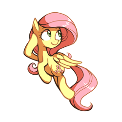 Size: 768x768 | Tagged: safe, artist:karzahnii, fluttershy, pegasus, pony, female, flying, mare, raised hoof, simple background, smiling, solo, white background