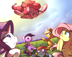 Size: 1600x1280 | Tagged: safe, artist:karzahnii, applejack, fluttershy, pinkie pie, rainbow dash, rarity, twilight sparkle, earth pony, pegasus, pony, unicorn, female, field, glomp, grass, mane six, mare, on back, sitting, skydiving