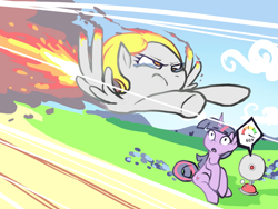 Size: 1024x768 | Tagged: safe, artist:karzahnii, derpy hooves, twilight sparkle, unicorn twilight, pegasus, pony, unicorn, hurricane fluttershy, anemometer, crying, epic derpy, fast, female, fire, intense, mare, sitting