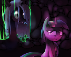 Size: 1280x1024 | Tagged: safe, artist:karzahnii, queen chrysalis, twilight sparkle, changeling, changeling queen, crying, female, scared