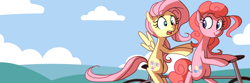 Size: 1440x480 | Tagged: safe, artist:karzahnii, fluttershy, pinkie pie, pegasus, pony, bicycle, ride to conquer cancer