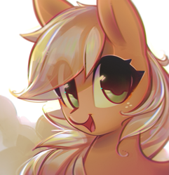Size: 1351x1404 | Tagged: safe, artist:mirroredsea, applejack, earth pony, pony, abstract background, blonde, blonde mane, bust, cute, eye clipping through hair, female, green eyes, hatless, jackabetes, looking at you, mare, missing accessory, open mouth, open smile, smiling, solo