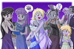 Size: 1200x787 | Tagged: safe, artist:uotapo, derpy hooves, dinky hooves, hoity toity, king sombra, maud pie, octavia melody, silver spoon, zecora, equestria girls, rainbow rocks, :t, angry, apron, background human, beautiful, book, clothes, color set, cute, derpabetes, dinkabetes, dress, equestria girls-ified, female, glasses, good king sombra, gray, jealous, maudabetes, meta reference, night, open mouth, pun, silverbetes, tattoo, tavibetes, uotapo is trying to murder us, zecorable