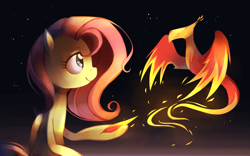 Size: 1984x1240 | Tagged: safe, artist:karzahnii, fluttershy, philomena, pegasus, pony, beautiful, feather, fire, stars