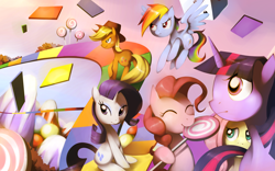 Size: 2100x1312 | Tagged: safe, artist:karzahnii, applejack, fluttershy, pinkie pie, rainbow dash, rarity, twilight sparkle, earth pony, pegasus, pony, unicorn, board game, candy, candyland, food, lollipop, mane six