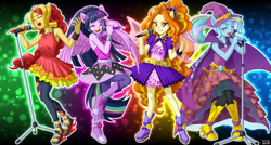 Size: 1494x800 | Tagged: safe, artist:uotapo, adagio dazzle, sunset shimmer, trixie, twilight sparkle, equestria girls, rainbow rocks, armpits, boots, clothes, eyes closed, feet, female, hat, looking at you, microphone, one eye closed, open mouth, ponied up, pony ears, sandals, skirt