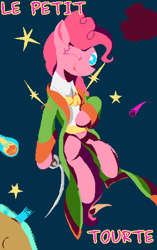 Size: 1280x2044 | Tagged: safe, artist:dinexistente, pinkie pie, pony, clothes, french, grammar error, jacket, le petit prince, limited palette, night, pixel art, smiling, space, stars, sword, the little prince, weapon