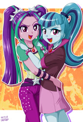 Size: 681x1000 | Tagged: safe, artist:uotapo, aria blaze, sonata dusk, equestria girls, rainbow rocks, bracelet, clothes, cute, female, gem, hug, looking at you, looking back, open mouth, pants, pigtails, ponytail, siren gem, skirt, smiling, the dazzlings, wristband