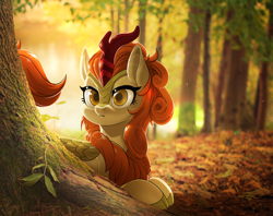 Size: 2400x1900 | Tagged: safe, artist:renokim, autumn blaze, kirin, :o, awwtumn blaze, cloven hooves, colored pupils, cute, female, forest, irl, looking at you, mare, nature, open mouth, outdoors, photo, ponies in real life, prone, scales, solo, tree, under the tree, wide eyes