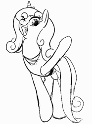 Size: 329x443 | Tagged: safe, artist:dinexistente, sweetie belle, pony, unicorn, clothes, dress, female, lineart, mare, older, older sweetie belle, raised hoof, simple background, singing, smiling, white background