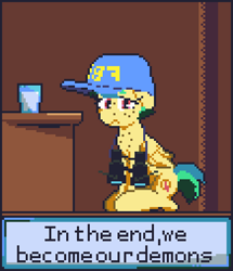 Size: 436x508 | Tagged: safe, artist:dinexistente, oc, oc only, oc:apogee, pegasus, pony, binoculars, fbi, female, filly, glass of milk, halloween, hat, holiday, milk, pixel art, sad, sitting, solo, text