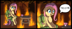 Size: 1053x425 | Tagged: safe, artist:dankflank, fluttershy, pegasus, pony, armchair, chair, derp, dialogue, faic, fire, floppy ears, food, open mouth, parody, sitting, smoke, solo, table, tea, this is fine