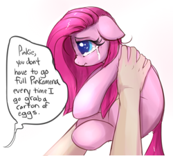 Size: 861x776 | Tagged: safe, artist:confetticakez, pinkie pie, earth pony, human, pony, behaving like a dog, bronybait, colored pupils, colored sketch, crying, cute, cuteamena, daaaaaaaaaaaw, dialogue, diapinkes, dilated pupils, ear fluff, female, floppy ears, frown, gradient background, hnnng, holding a pony, mare, missing cutie mark, nose wrinkle, offscreen character, offscreen human, overreaction, pet, pinkamena diane pie, pony pet, poor thing, sad, sadorable, simple background, sketch, smol, solo focus, teary eyes, wavy mouth, weapons-grade cute, white background