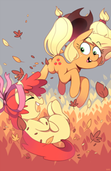 Size: 640x989 | Tagged: safe, artist:karzahnii, apple bloom, applejack, earth pony, pony, adorabloom, autumn, blank flank, cute, duo, eyes closed, female, filly, jackabetes, leaf, leaves, mare, open mouth, ribbon, sisters