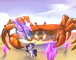 Size: 1280x1024 | Tagged: safe, artist:karzahnii, rarity, crab, pony, unicorn, crystal, detailed background, female, glowing horn, levitation, magic, mare, rarity fighting a giant crab, sand, telekinesis