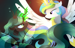 Size: 1920x1242 | Tagged: safe, artist:karzahnii, princess celestia, queen chrysalis, alicorn, changeling, changeling queen, pony, cute, cutealis, cutelestia, duality, duo, duo female, female, looking at each other, magic