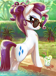 Size: 1299x1771 | Tagged: safe, artist:yulyeen, rarity, pony, unicorn, adorasexy, alcohol, alternate hairstyle, backbend, bedroom eyes, cute, drink, female, glass, lemon, looking at you, looking back, mare, mojito, palm tree, plant, plot, poolside, rearity, sexy, smiling, solo, straw, stupid sexy rarity, sultry pose, sunglasses, swimming pool, tree, water, wet