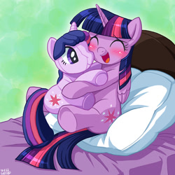 Size: 967x967 | Tagged: safe, artist:uotapo, twilight sparkle, twilight sparkle (alicorn), alicorn, pony, 4de, bed, blushing, cute, eyes closed, female, happy, hug, mare, nuzzling, on bed, open mouth, open smile, pillow, plushie, sitting, sitting on bed, smiling, solo, twiabetes, twidoll, underhoof, uotapo is trying to murder us, weapons-grade cute