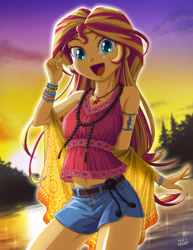 Size: 1000x1298 | Tagged: safe, artist:uotapo, sunset shimmer, equestria girls, legend of everfree, armlet, beautiful, belly button, belt, boho, bracelet, clothes, colored pupils, cute, denim shorts, female, happy, hippie, jewelry, lake, looking at you, midriff, necklace, open mouth, sexy, shawl, shimmerbetes, shorts, sleeveless, smiling, smiling at you, solo, sultry pose, sunset, thighs, uotapo is trying to murder us, water