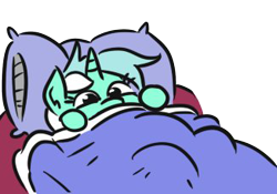 Size: 326x228 | Tagged: safe, artist:jargon scott, lyra heartstrings, pony, unicorn, bed, blanket, female, horn, mare, pillow, smiling, solo, transparent background
