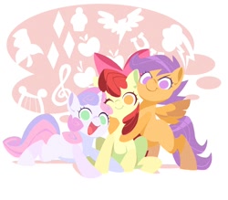 Size: 1000x875 | Tagged: safe, artist:yoh yoshinari, apple bloom, scootaloo, sweetie belle, earth pony, pegasus, pony, unicorn, adorabloom, c:, cute, cutealoo, cutie mark, cutie mark background, cutie mark crusaders, diasweetes, female, filly, happy, hug, lineless, looking at you, no pupils, open mouth, sitting, smiling, smirk, weapons-grade cute, wink
