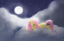 Size: 1139x729 | Tagged: safe, artist:sorcerushorserus, fluttershy, pegasus, pony, cloud, cloudy, cute, cutie mark, eyes closed, female, full moon, hooves, lying on a cloud, mare, mare in the moon, moon, night, night sky, on a cloud, prone, shyabetes, sky, sleeping, solo, stars, wings