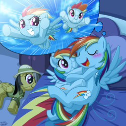 Size: 900x900 | Tagged: safe, artist:uotapo, daring do, rainbow dash, pegasus, pony, bed, blushing, cuddling, cute, dashabetes, dream, drool, eyes closed, female, flying, grin, hug, mare, narcissism, open mouth, plot, plushie, rainbow dash's house, self plushidox, self ponidox, sleeping, smiling, snuggling, spread wings, uotapo is trying to murder us, uotapo will kill us all