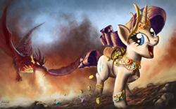 Size: 1680x1050 | Tagged: safe, artist:moe, basil, rarity, dragon, pony, unicorn, adventure, awesome face, bits, chase, female, fire, fire breath, gem, greedity, horn jewelry, jewelry, laughing, mare, open mouth, running, smiling, stealing, wahaha