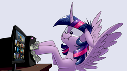 Size: 1920x1080 | Tagged: safe, artist:underpable, twilight sparkle, twilight sparkle (alicorn), alicorn, pony, :t, computer, derp, derpin daily, dollars, female, floppy ears, mare, messy mane, money, monitor, nose wrinkle, scrunchy face, shut up and take my money, silly, silly pony, simple background, solo, spread wings, steam, steam (software), steam sale, steam summer sale, twilight snapple, wide eyes, wingboner, wings