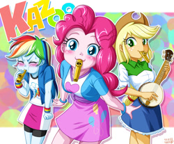 Size: 968x800 | Tagged: safe, artist:uotapo, applejack, pinkie pie, rainbow dash, equestria girls, :3, abstract background, banjo, blowing, blushing, breasts, clothes, cute, dashabetes, delicious flat chest, diabetes, diapinkes, eyes closed, female, freckles, jackabetes, kazoo, looking at you, musical instrument, puffy cheeks, rainblow dash, rainbow flat, red face, shirt, skirt, sweat, uotapo is trying to murder us, weapons-grade cute