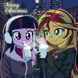 Size: 1000x1000 | Tagged: safe, artist:uotapo, sunset shimmer, twilight sparkle, twilight sparkle (alicorn), equestria girls, blushing, christmas, christmas lights, clothes, cold, cup, cute, earmuffs, female, gloves, holiday, hot chocolate, jacket, messy, mug, night, open mouth, scarf, shimmerbetes, smiling, twiabetes, uotapo is trying to murder us, winter, winter outfit