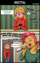 Size: 870x1350 | Tagged: safe, artist:uotapo, idw, babs seed, sunflower (character), equestria girls, adorababs, babs seed song, comic, cute, dialogue, ear piercing, earring, hairbrush, jewelry, piercing, singing, song reference, speech bubble