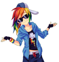 Size: 750x784 | Tagged: safe, artist:semehammer, rainbow dash, human, cap, clothes, female, fingerless gloves, glasses, gloves, hat, humanized, looking at you, midriff, rainbow dash always dresses in style, shrug, shrugpony, simple background, solo, swag, white background