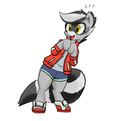 Size: 1000x1000 | Tagged: safe, artist:kushina13, artist:pabbley, oc, oc:bandy cyoot, raccoon pony, semi-anthro, brand new animal, clothes, cosplay, fangs, female, happy, hooves to the chest, jacket, looking to side, mare, open mouth, open smile, shoes, shorts, simple background, smiling, sweatdrop, white background